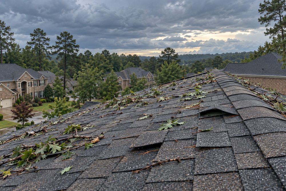 Shingle roof scattered with branches and leaf debris after a storm, with lifted tabs and a subdivision under heavy cloud behind