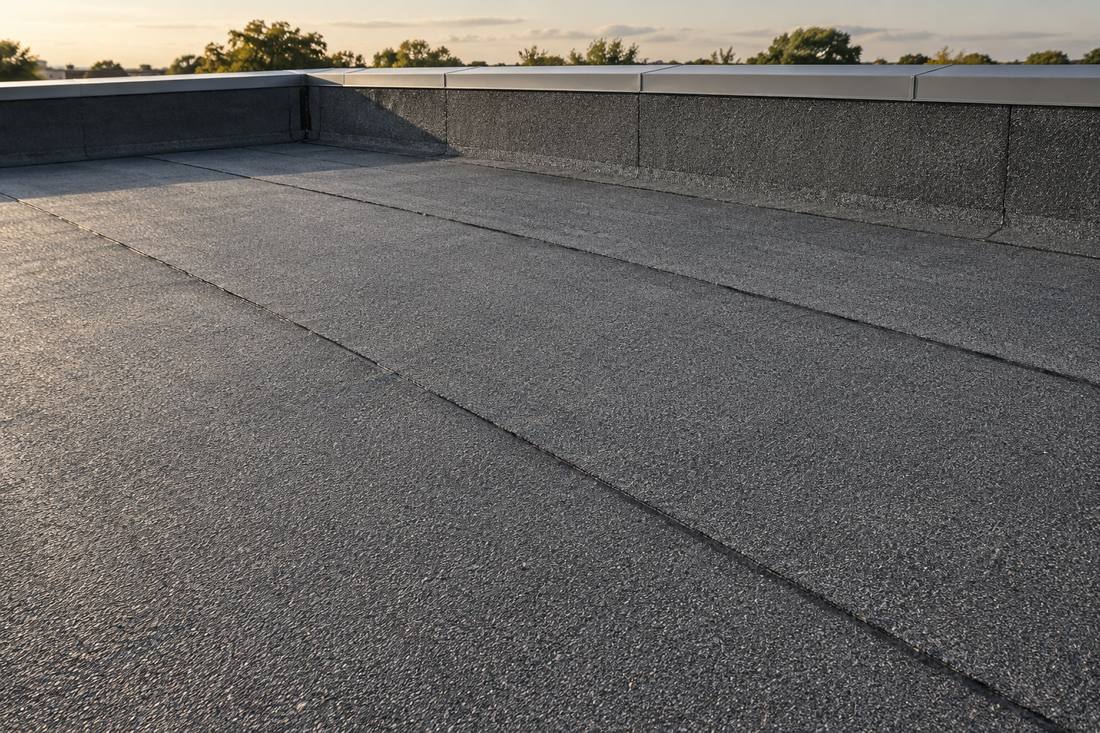 Modified bitumen roof with a granulated cap sheet and base flashing up the parapet
