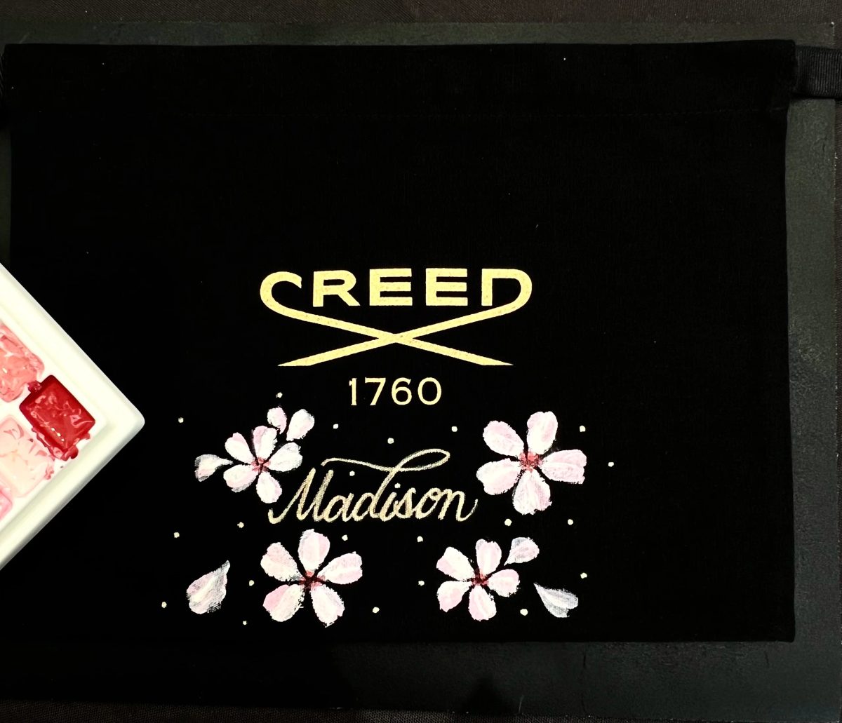 Painted flowers and personalized lettering on black fragrance packaging