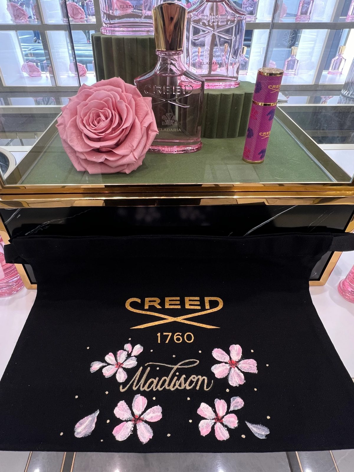 Painted flowers and personalized lettering on black fragrance packaging