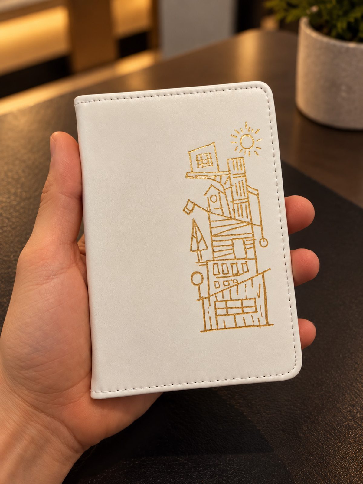 Fine architectural and botanical illustration on a small white notebook