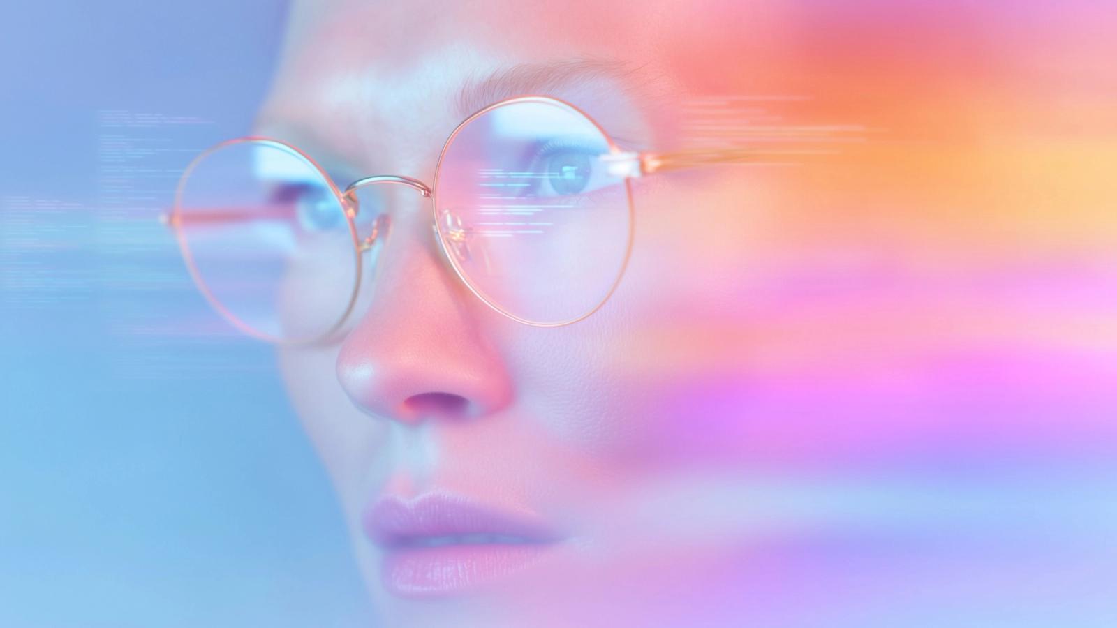Nahaufnahme eines Gesichts mit runder Goldbrille, in deren Gläsern feine Datenlinien reflektieren, in Pastelltönen von Hellblau bis Pink.