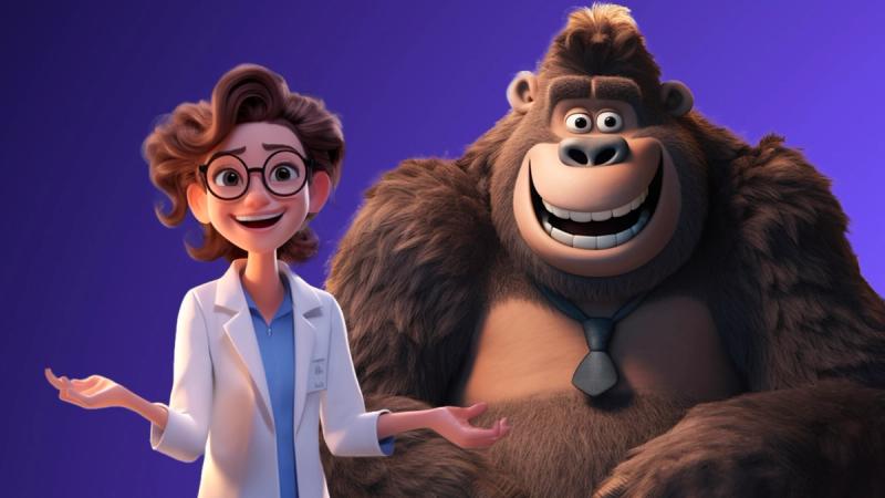 3D-Illustration einer lächelnden Wissenschaftlerin im Laborkittel neben einem großen, freundlichen Gorilla mit Krawatte.