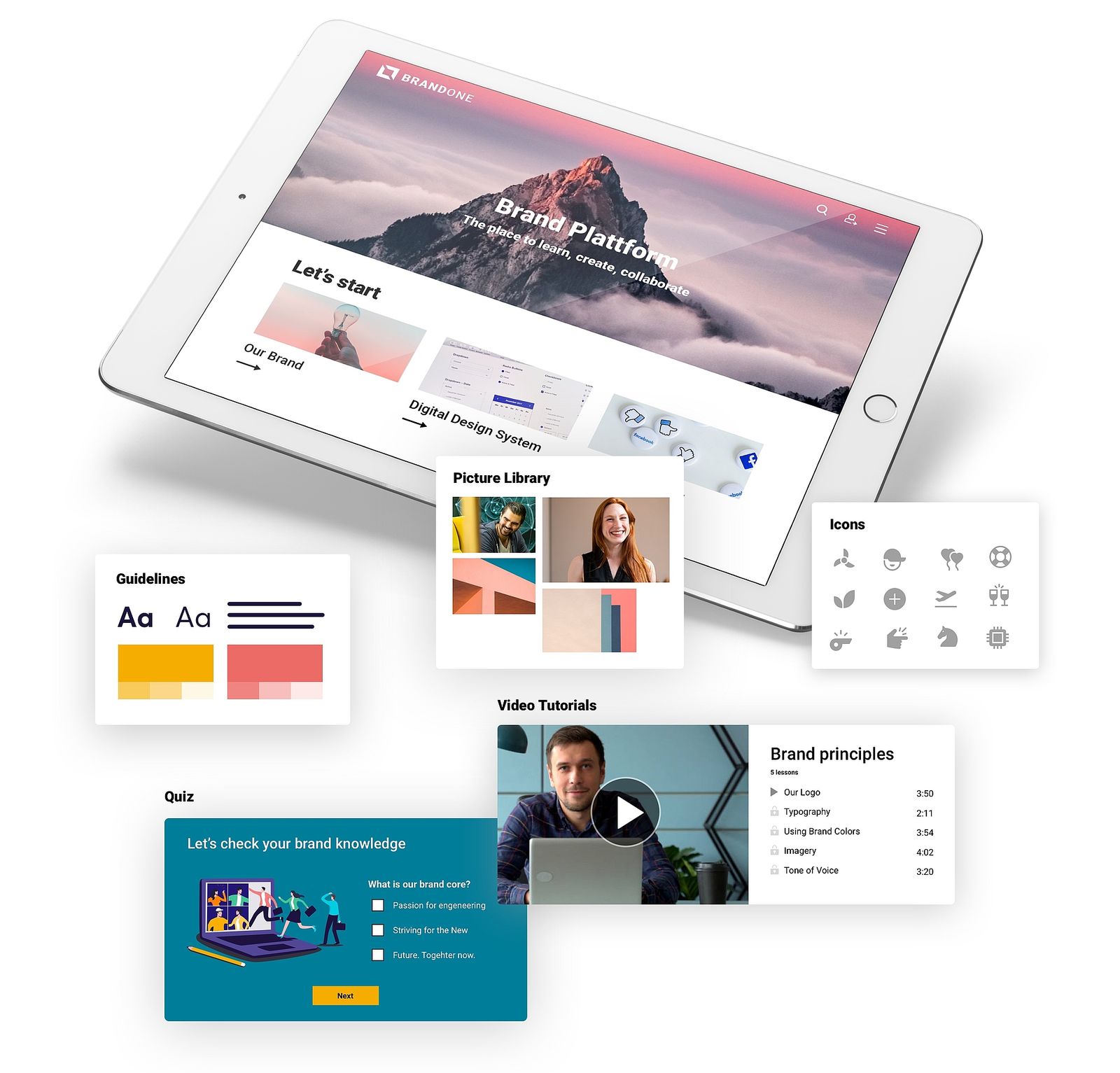 Mockup eines Tablets mit verschiedenen UI Elementen eines Brand Portals