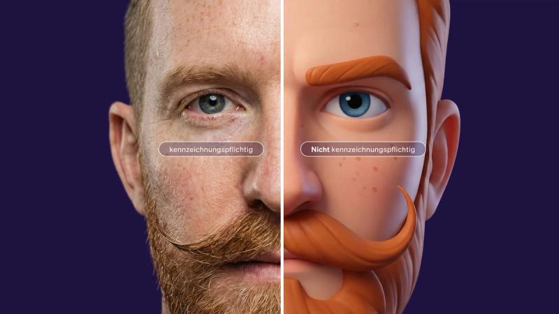 Geteiltes Porträt eines rothaarigen Mannes: links fotorealistisch mit „kennzeichnungspflichtig“, rechts als 3D-Animation mit „Nicht kennzeichnungspflichtig“.