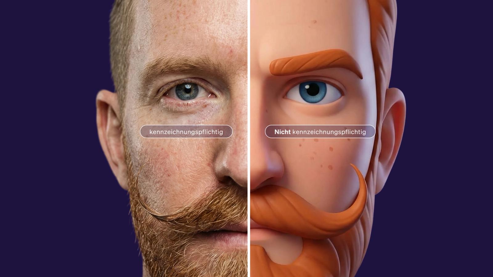 Geteiltes Porträt eines rothaarigen Mannes: links fotorealistisch mit „kennzeichnungspflichtig“, rechts als 3D-Animation mit „Nicht kennzeichnungspflichtig“.