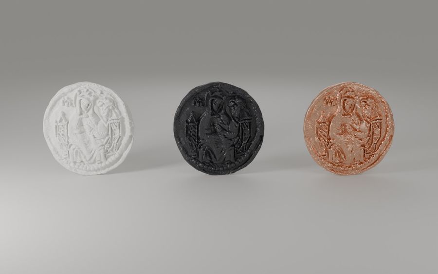 Vizualizacija replika iz 3D modela — Ø 30 mm: bijela smola, crna smola i bakar
