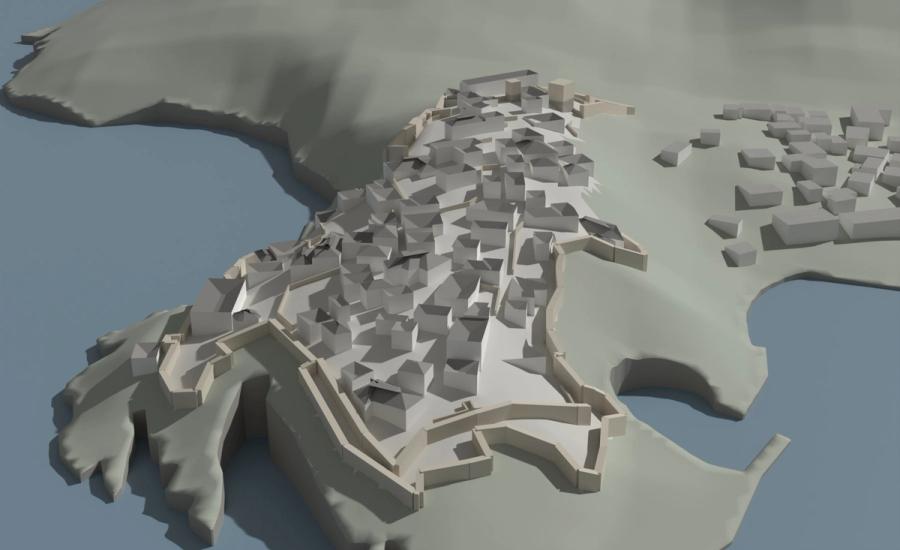 Prikaz 3D makete sa juga, sa mora: bedemi na rtu, kuće unutar tvrđave i zaliv Male plaže desno. Visine kuća i bedema su procjena.