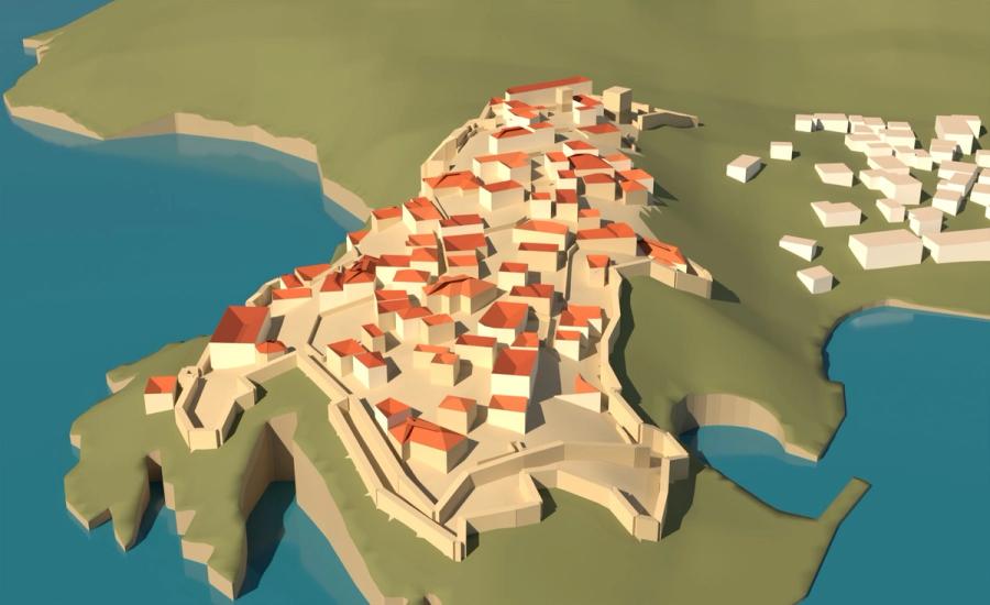 Render of the 3D model from the south, from the sea: the walls on the headland, the houses inside the fortress and the bay of Mala plaža on the right. House and wall heights are estimates.
