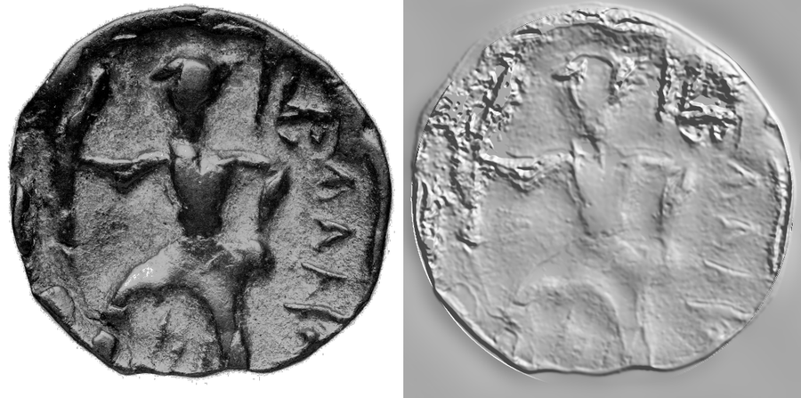 Reverse: photograph of the specimen (BnF) and the relief derived from its shading