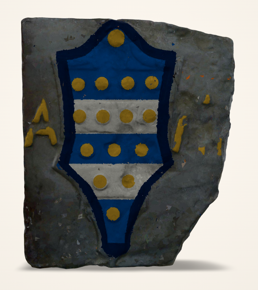 Prikaz 3D modela u bojama: boje blazona nanesene su na sken kamene ploče, da se vidi kako je grb mogao izgledati obojen na samom kamenu. Oblik kamena je nepromijenjen; ovo je prikaz modela, ne fotografija.