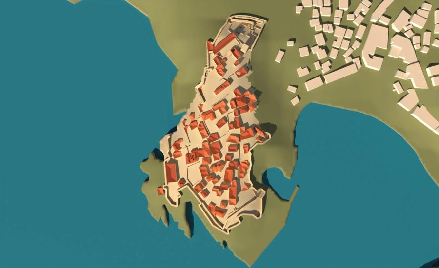 Render of the 3D model from above: the outline of the fortress and the layout of 83 buildings from OpenStreetMap, as they are in the data.
