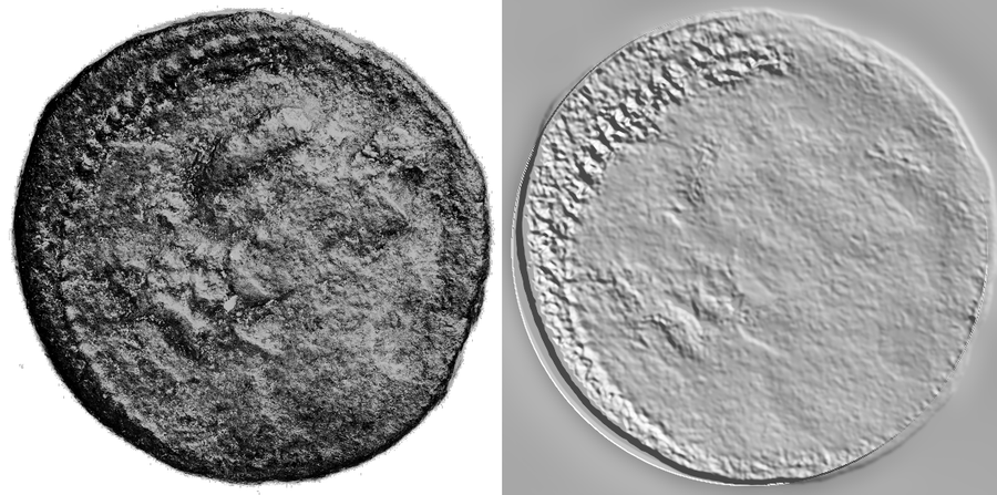 Avers: fotografija primjerka (BnF) i reljef izveden iz njene sjenke