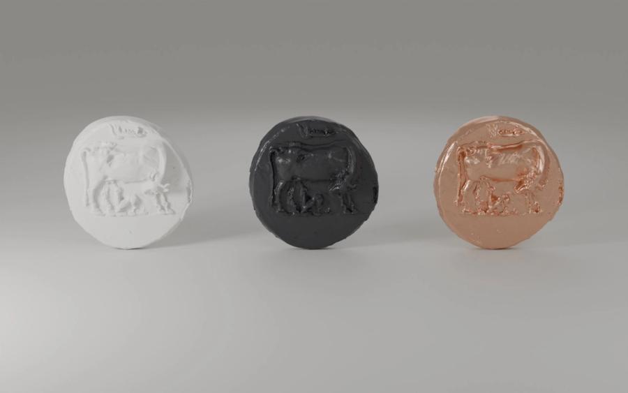 Vizualizacija replika iz 3D modela — Ø 30 mm: bijela smola, crna smola i bakar