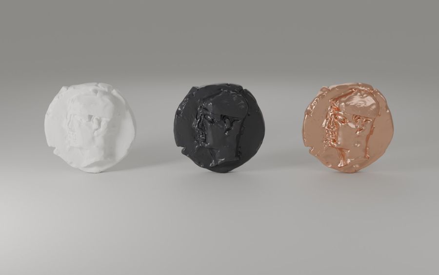 Vizualizacija replika iz 3D modela — Ø 30 mm: bijela smola, crna smola i bakar