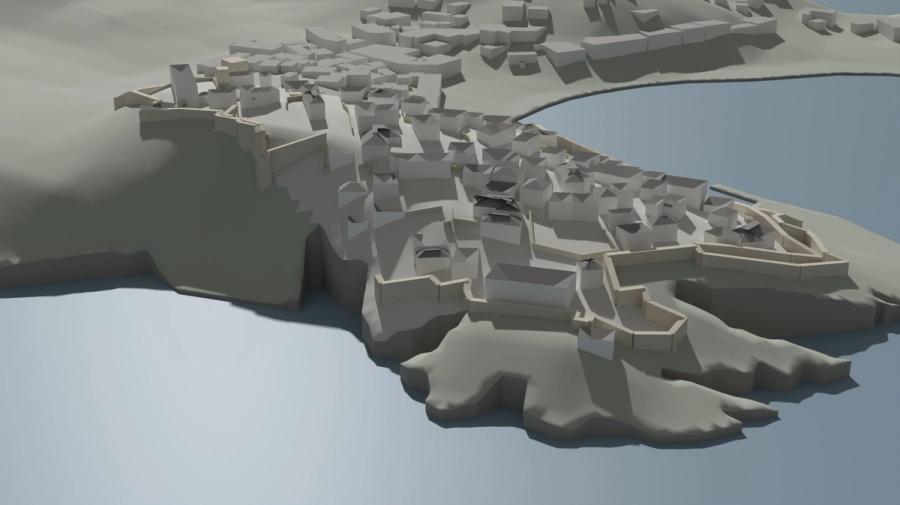 Prikaz 3D makete sa zapada: tvrđava na stijeni nad otvorenim morem, iza nje novi dio grada.