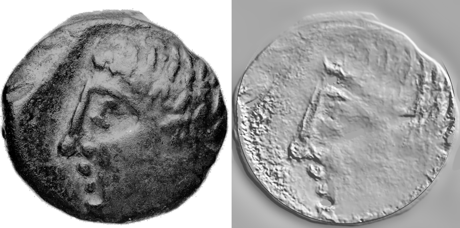 Obverse: photograph of the specimen (BnF) and the relief derived from its shading