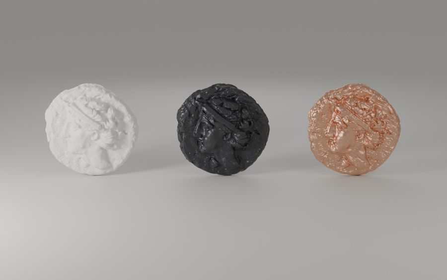Vizualizacija replika iz 3D modela — Ø 30 mm: bijela smola, crna smola i bakar