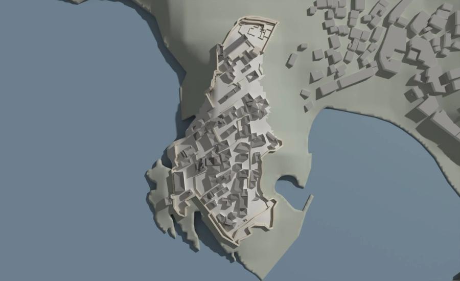 Prikaz 3D makete odozgo: obris tvrđave i raspored 83 zgrade iz OpenStreetMap-a, kakav je u podacima.