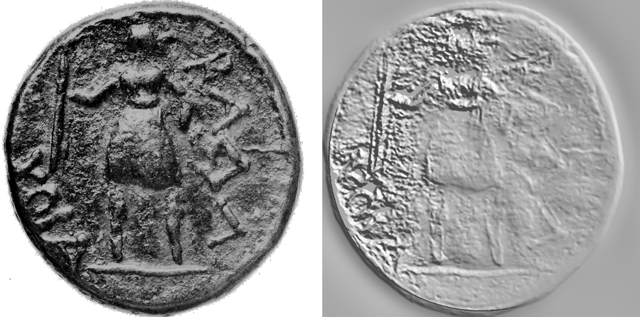 Revers: fotografija primjerka (BnF) i reljef izveden iz njene sjenke