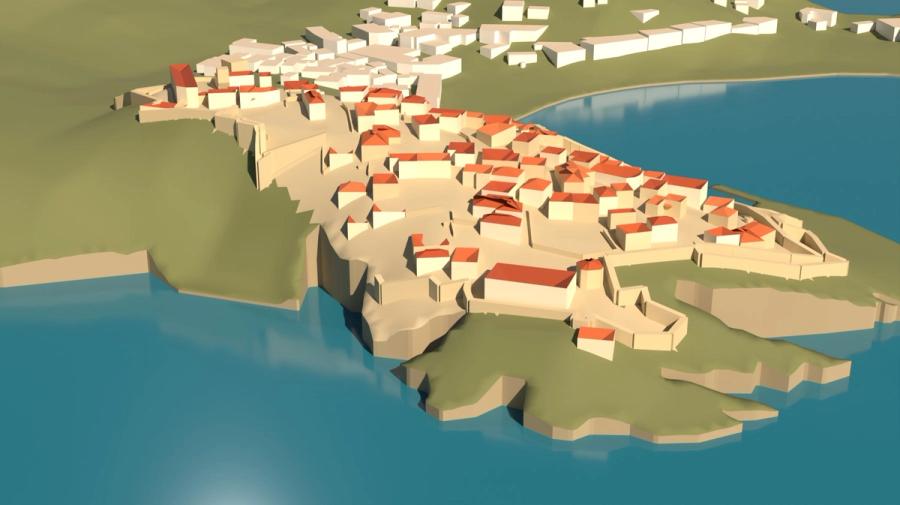 Render of the 3D model from the west: the fortress on the rock above the open sea, the newer town behind it.