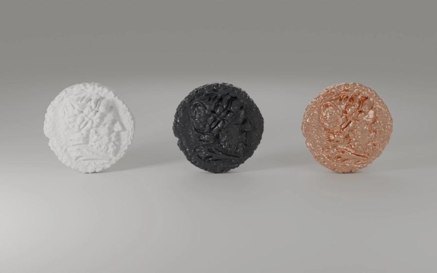 Vizualizacija replika iz 3D modela — Ø 30 mm: bijela smola, crna smola i bakar