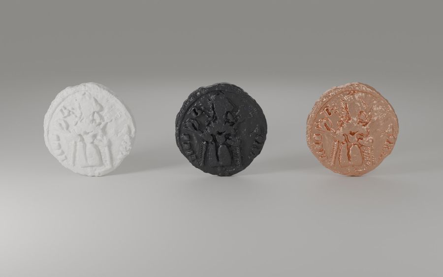 Vizualizacija replika iz 3D modela — Ø 30 mm: bijela smola, crna smola i bakar