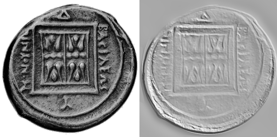 Revers: fotografija primjerka (BnF) i reljef izveden iz njene sjenke