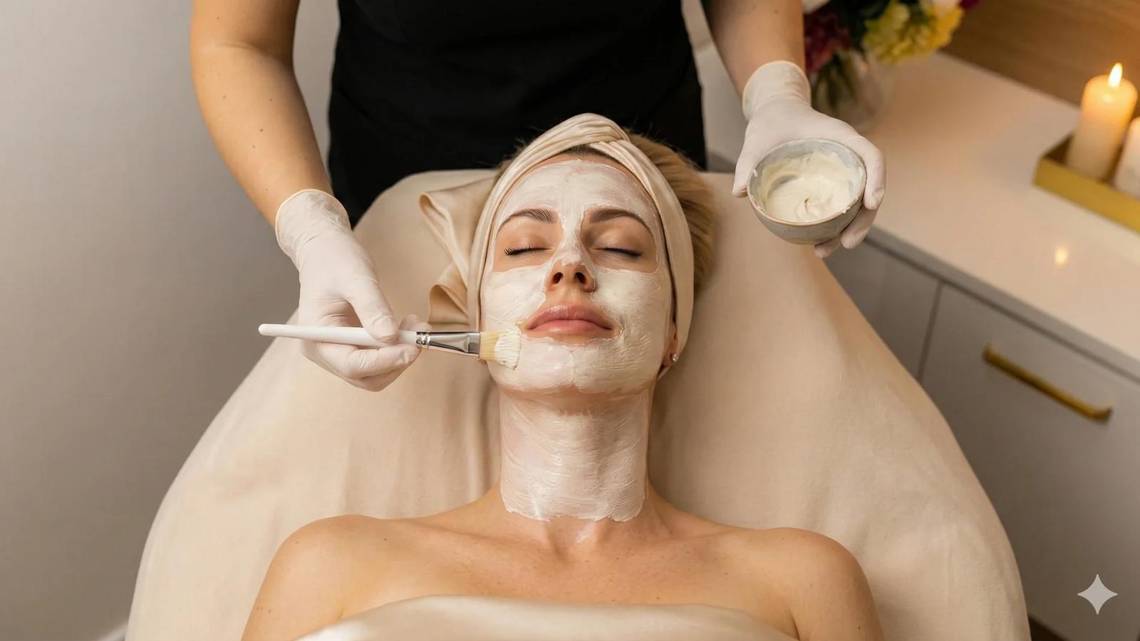 Esthetician applying an acne facial mask at Aura Aesthetics in Temecula