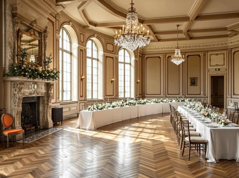 A reception room laid out for an event, captured in 360°