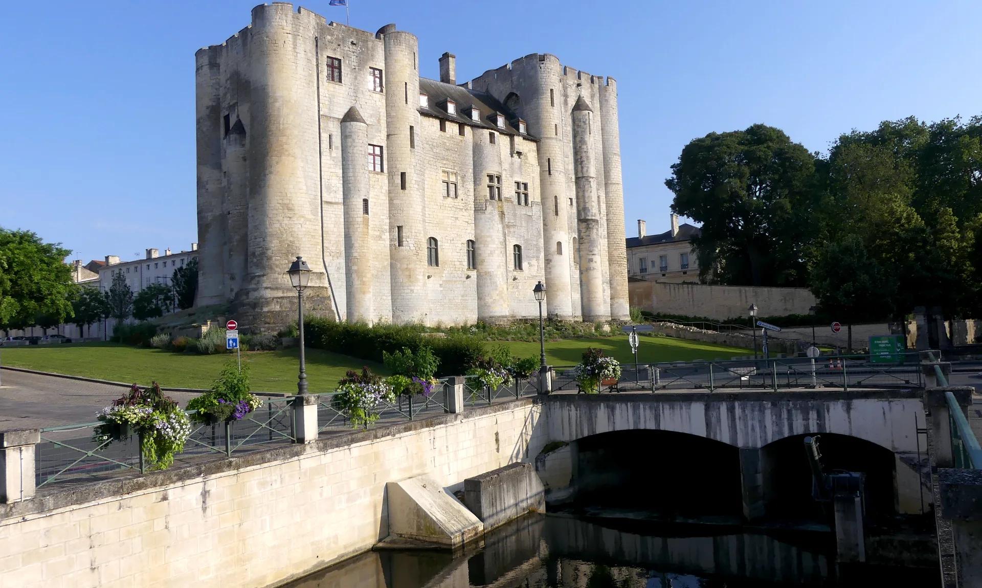 Le donjon de Niort et ses tours jumelles, au bord de la Sèvre niortaise.