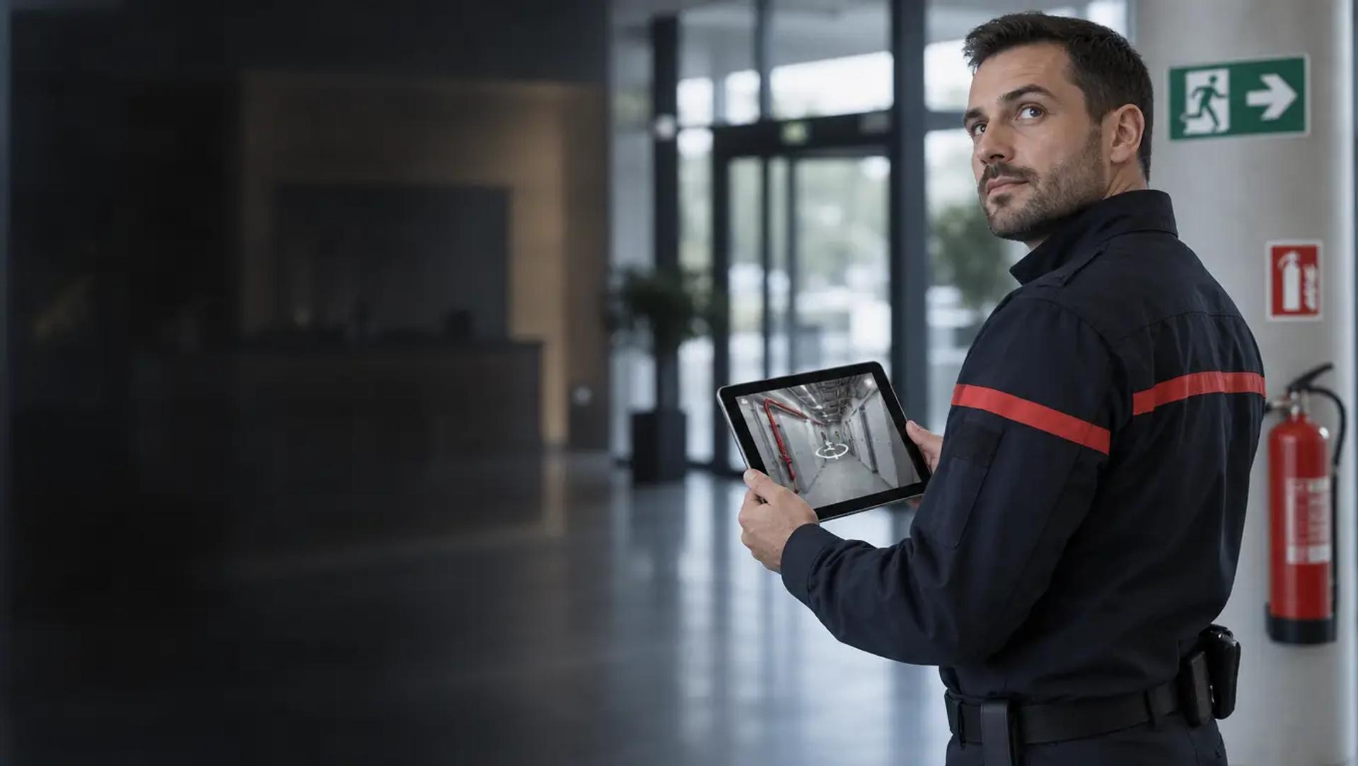 Un agent de sécurité incendie consulte la visite 360° d’un couloir technique sur sa tablette