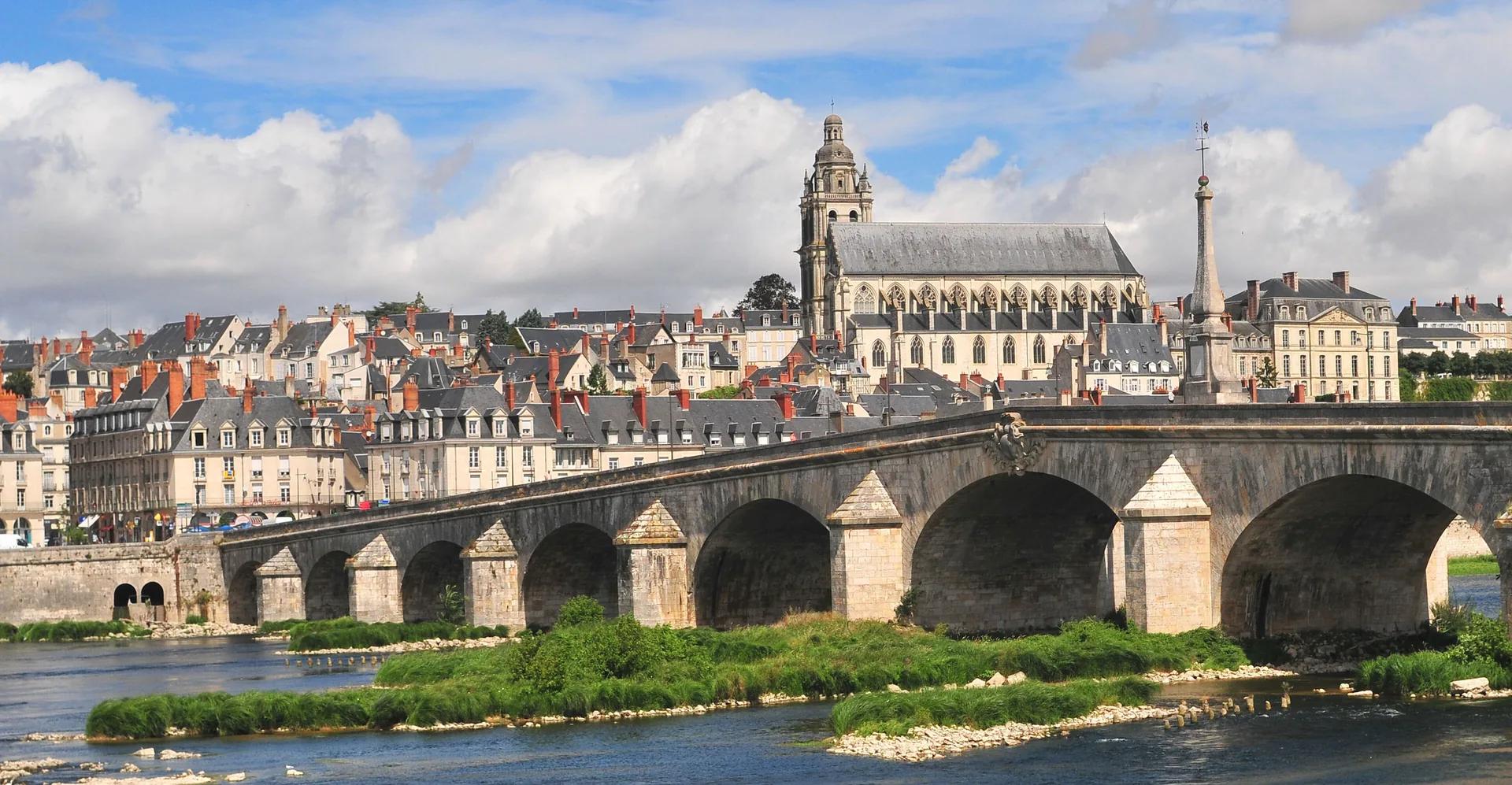 Blois vue depuis la Loire, le pont Jacques-Gabriel et la ville étagée sur la rive.