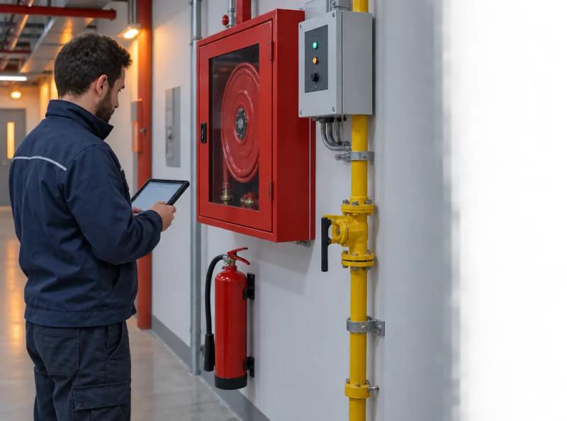Un technicien vérifie un robinet d’incendie armé et une vanne de gaz depuis sa tablette