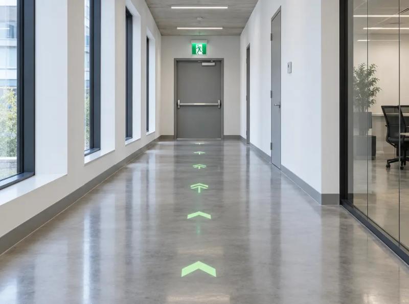 Un couloir balisé qui mène à une issue de secours