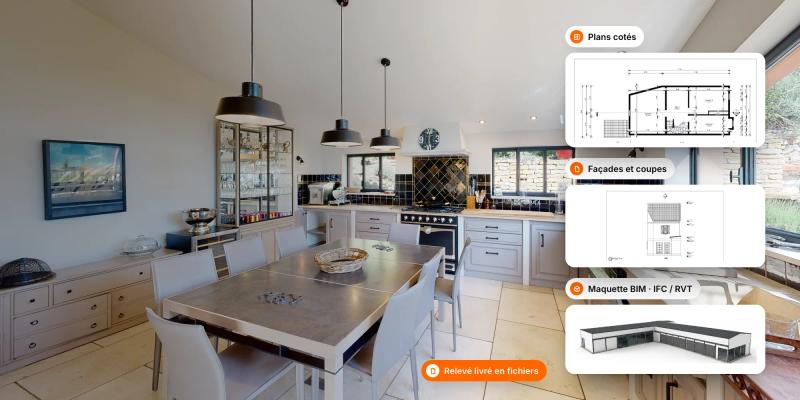 Une cuisine captée en 360°, avec les plans cotés, les façades et la maquette BIM livrés en fichiers