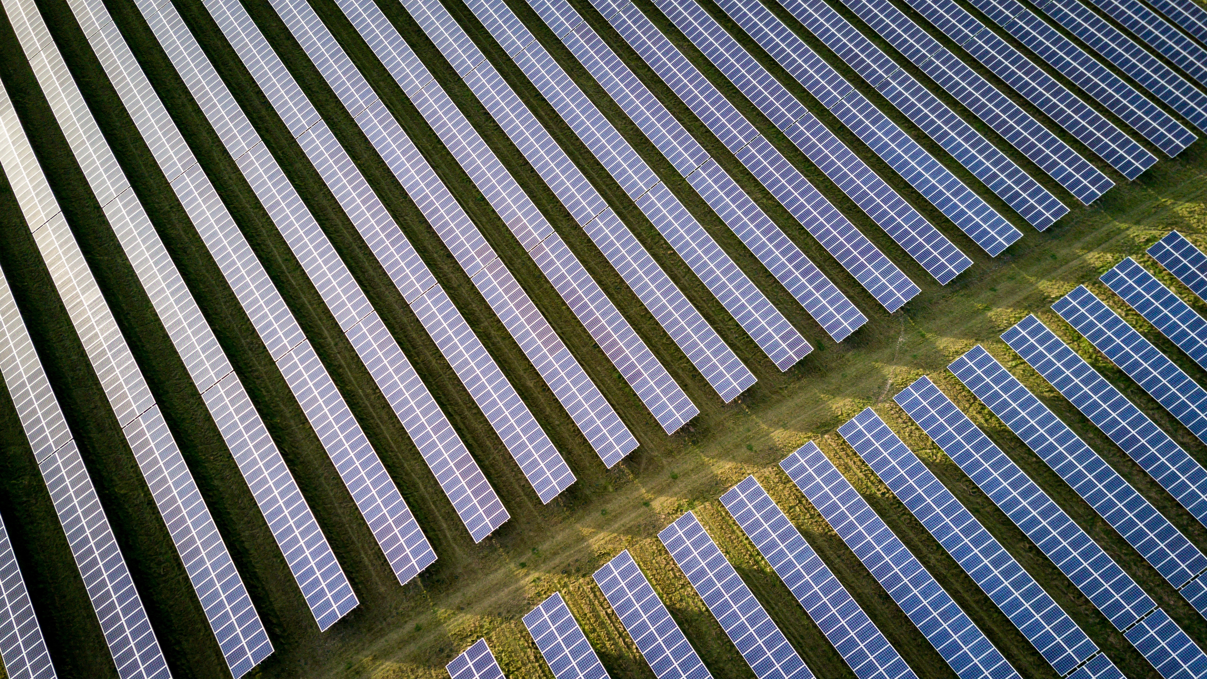 Rows of solar panels seen from above on a solar farm