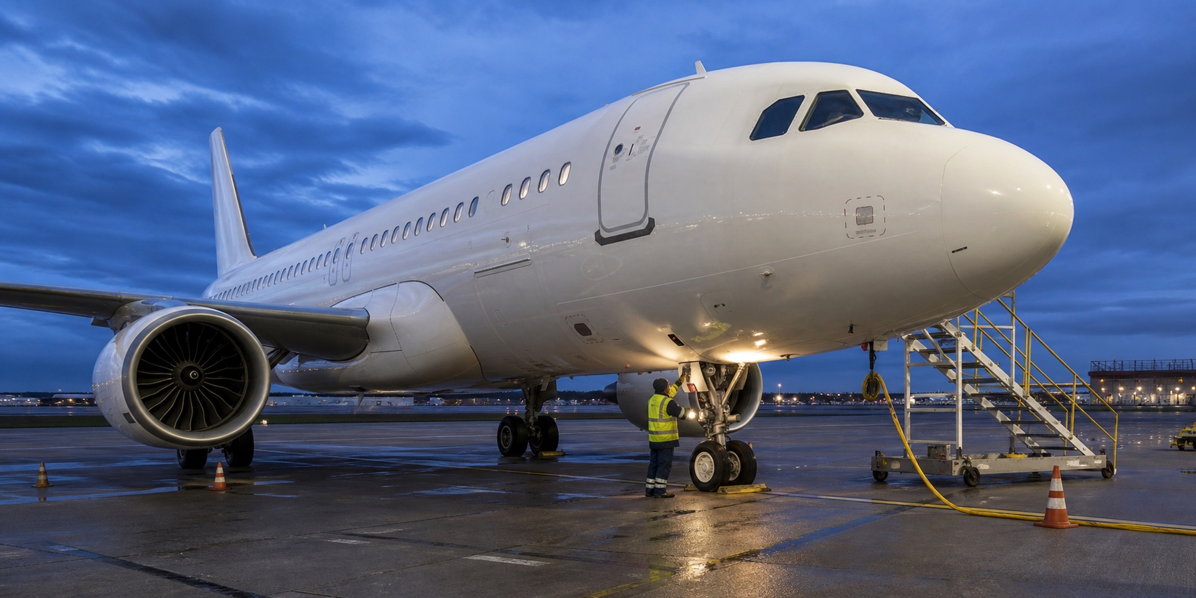 Aircraft engineer performing a line maintenance check on a commercial aircraft