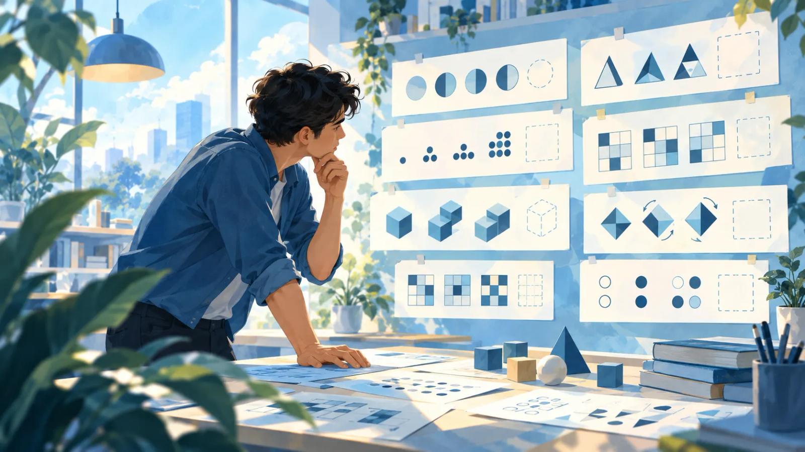 Abstract shapes illustrating a visual pattern reasoning question