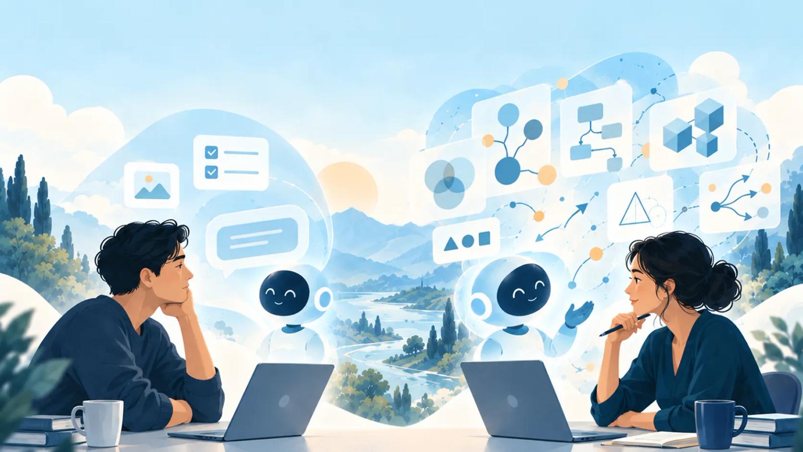 A woman explores ideas with an AI assistant at a laptop, surrounded by logic puzzles, diagrams, and creative projects.
