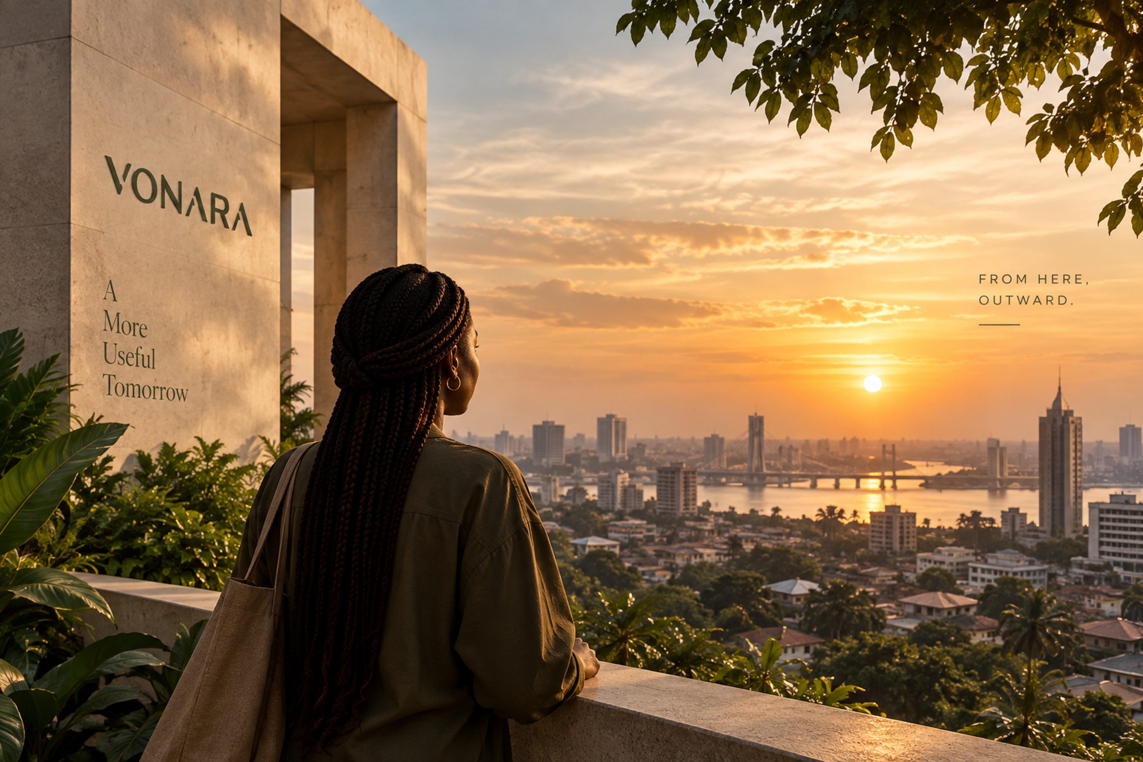 Brand illustration of a woman overlooking a Nigerian city at sunset, beside Vonara signage reading ‘A More Useful Tomorrow’ and ‘From Here, Outward’.