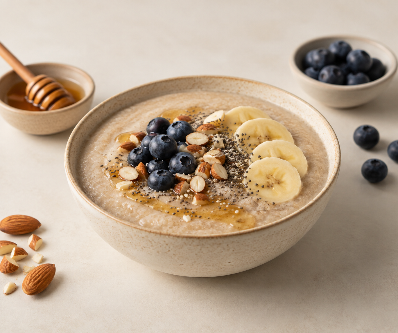Creamy Acha pudding topped with banana, blueberries, almonds, seeds and honey.