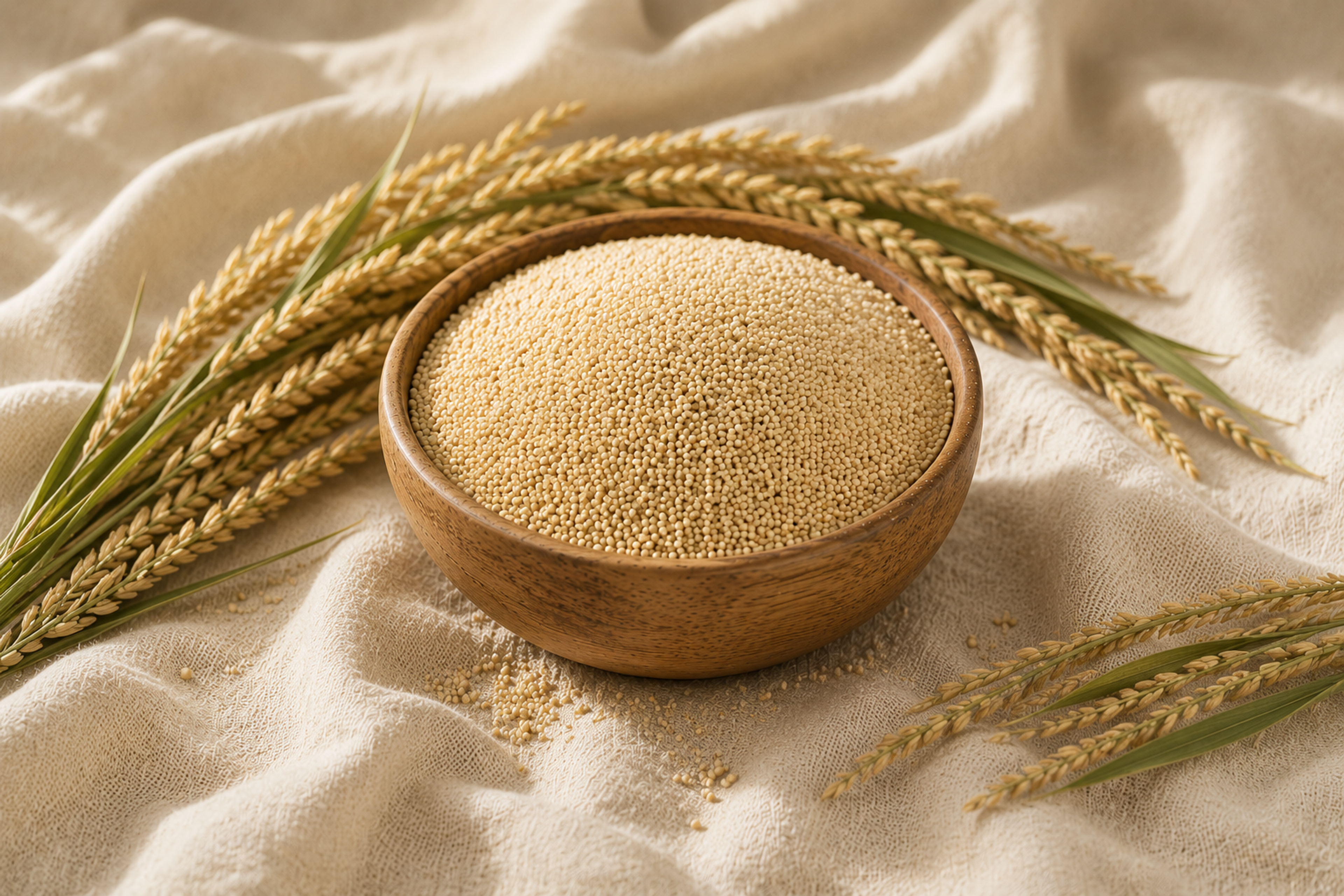 A wooden bowl filled with uncooked acha grain, surrounded by harvested grain stalks