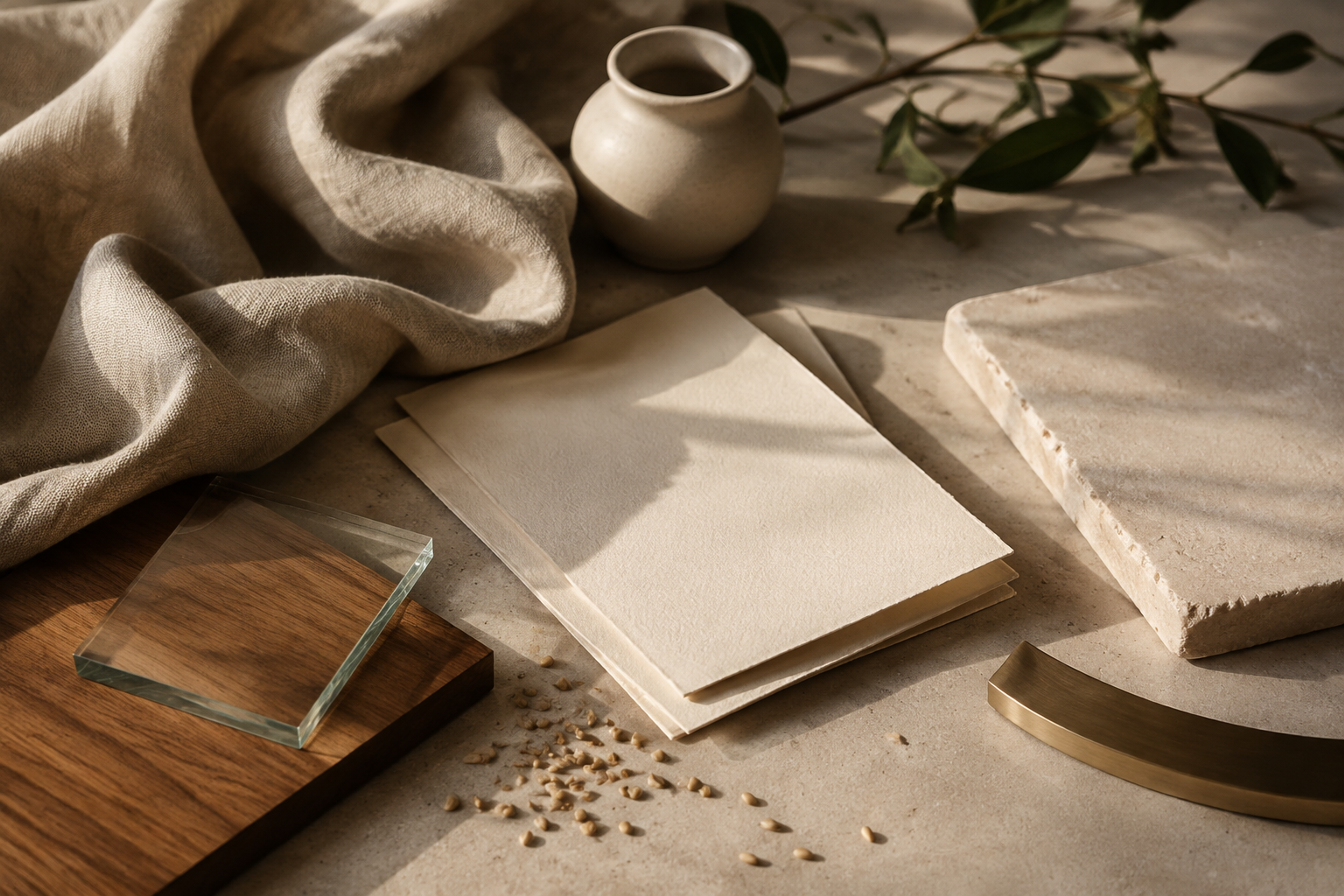 A warm still life of folded linen, unbranded paper, ceramic, glass, wood, stone, grain and brushed metal.