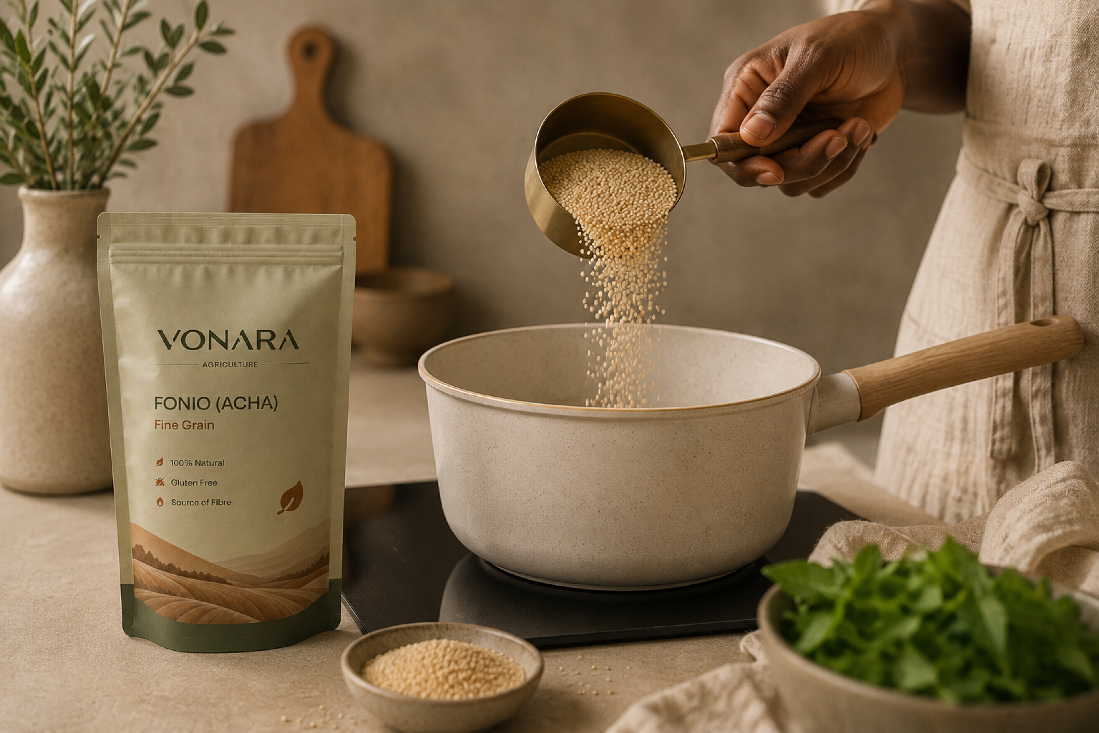 A person pouring acha grain into a cooking pot beside a Vonara Fonio pack