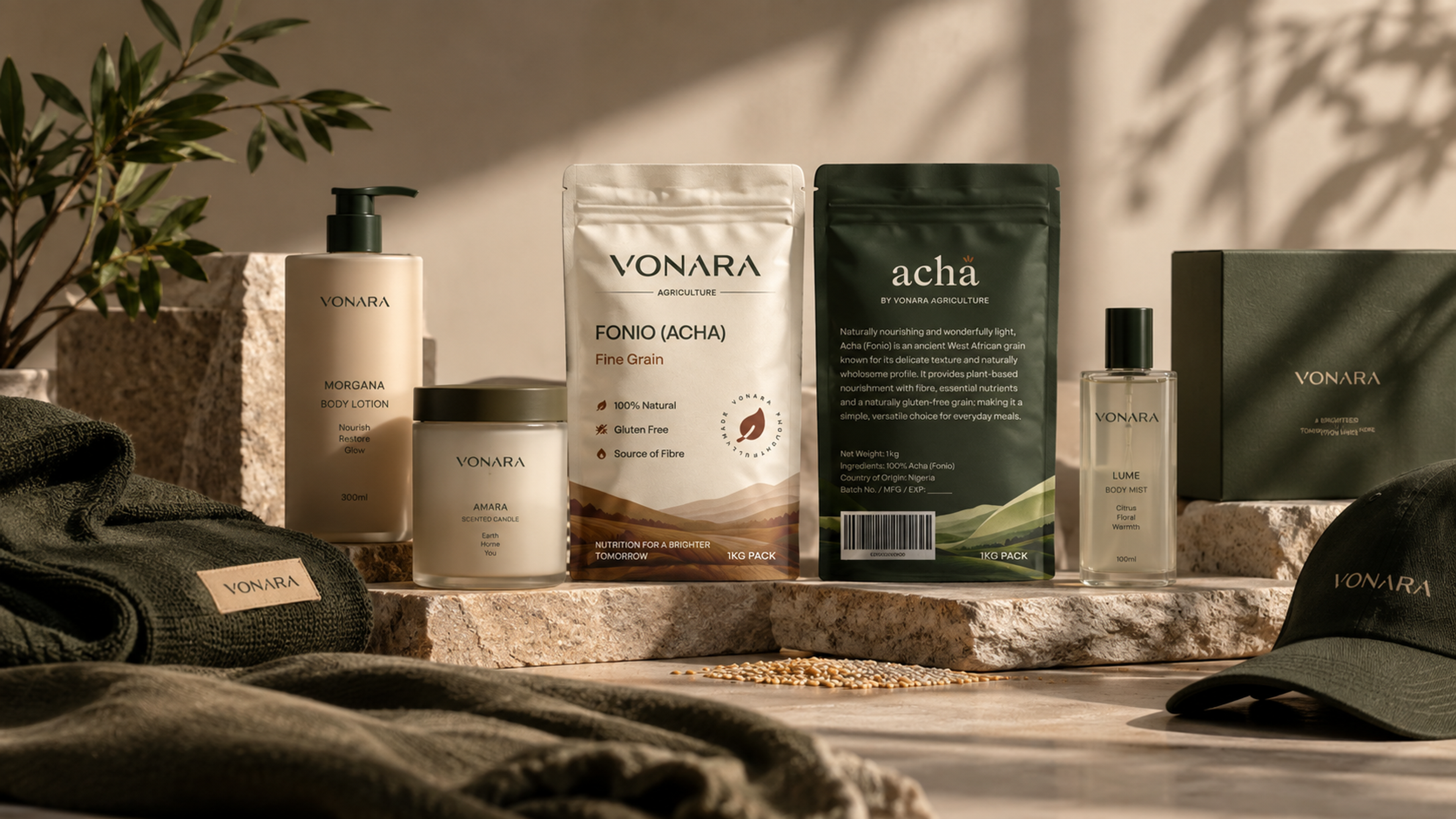 Vonara products arranged in warm sunlight, including Acha fonio pouches, body care, a candle, fragrance, clothing and packaging.