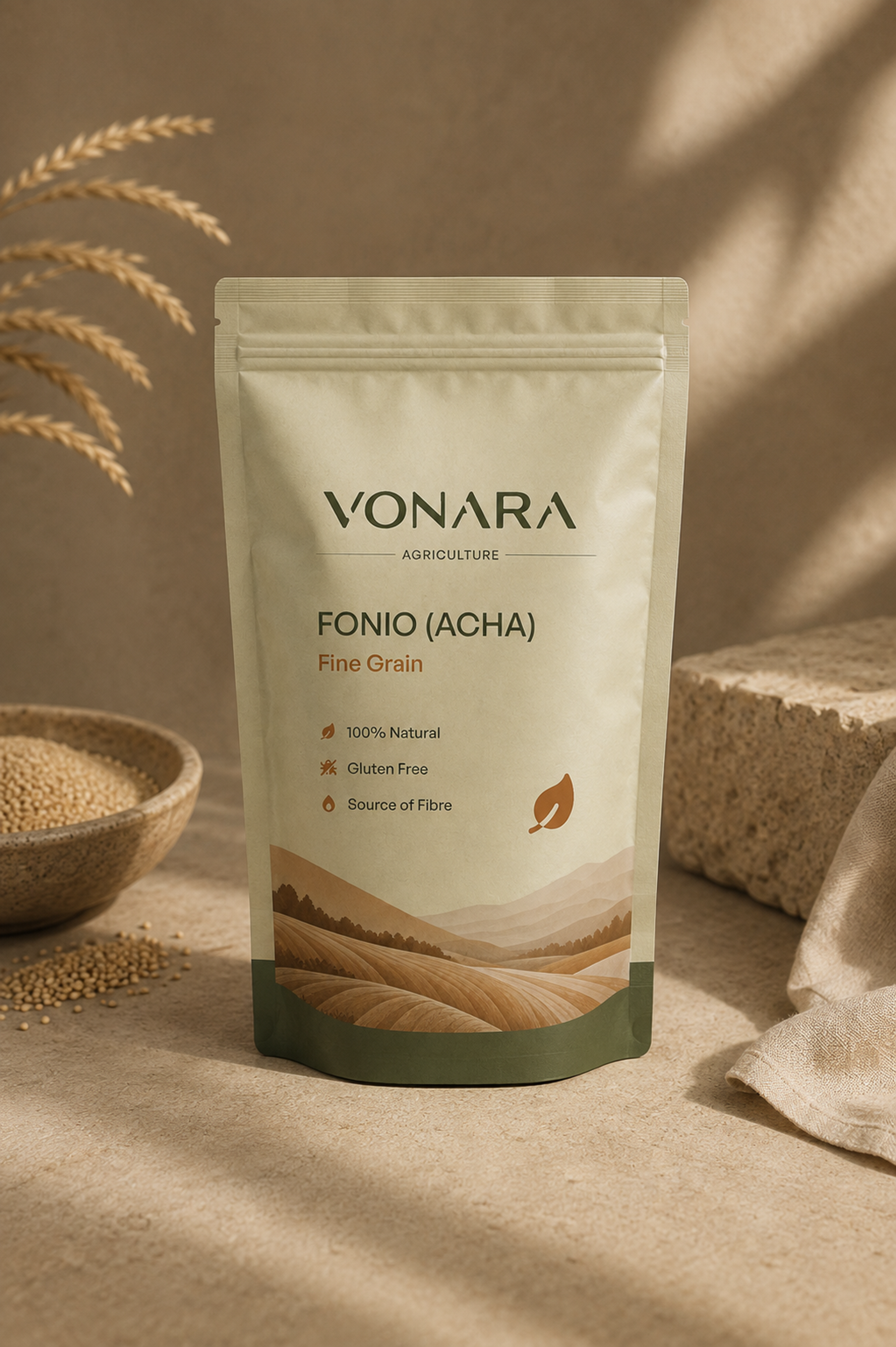 A Vonara Fonio (Acha) fine grain pack standing in warm natural light