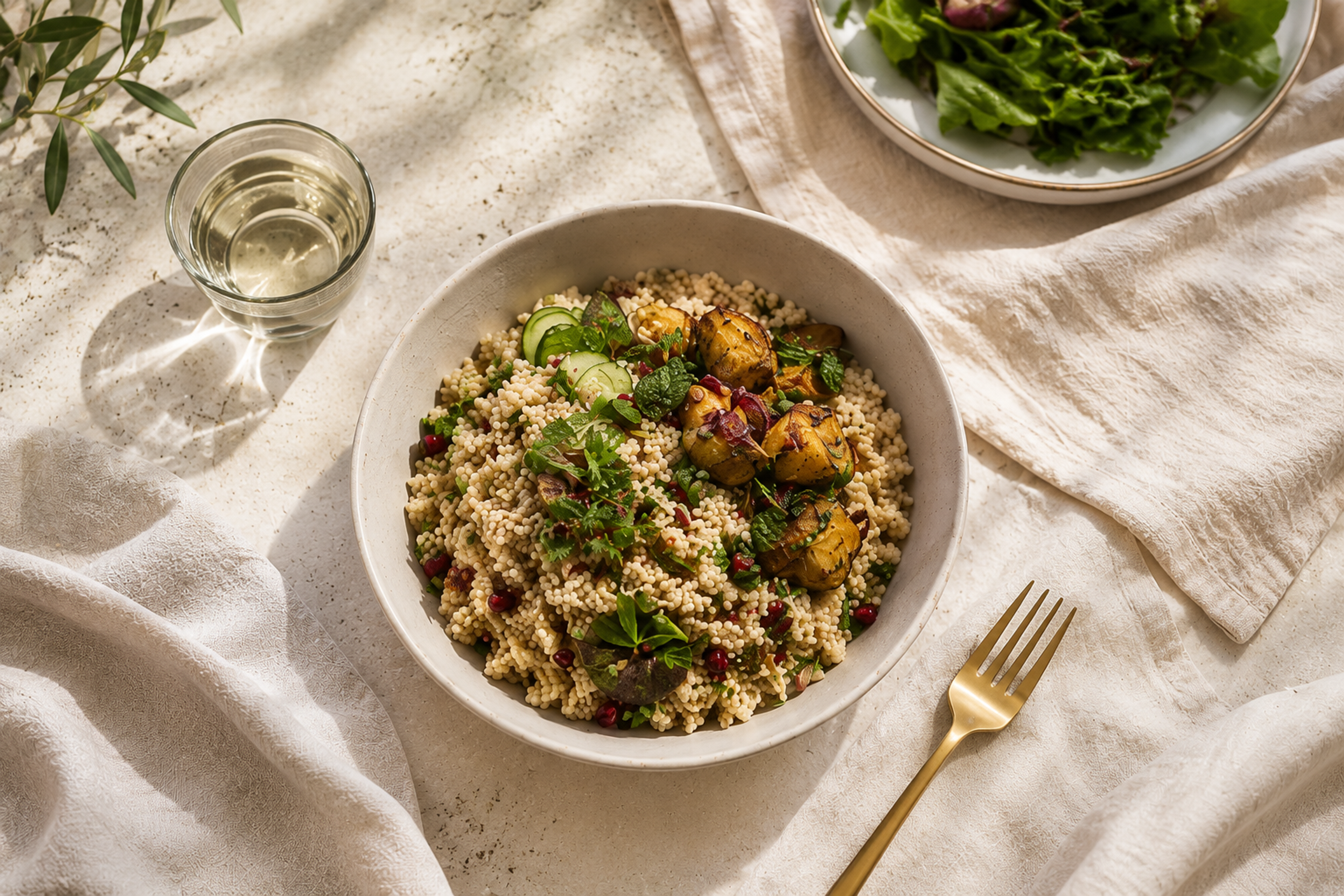A bowl of prepared acha with vegetables and herbs on a sunlit table