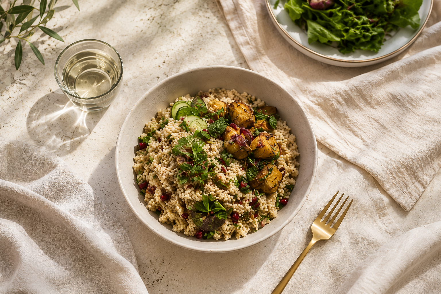 A bowl of prepared acha with vegetables and herbs on a sunlit table