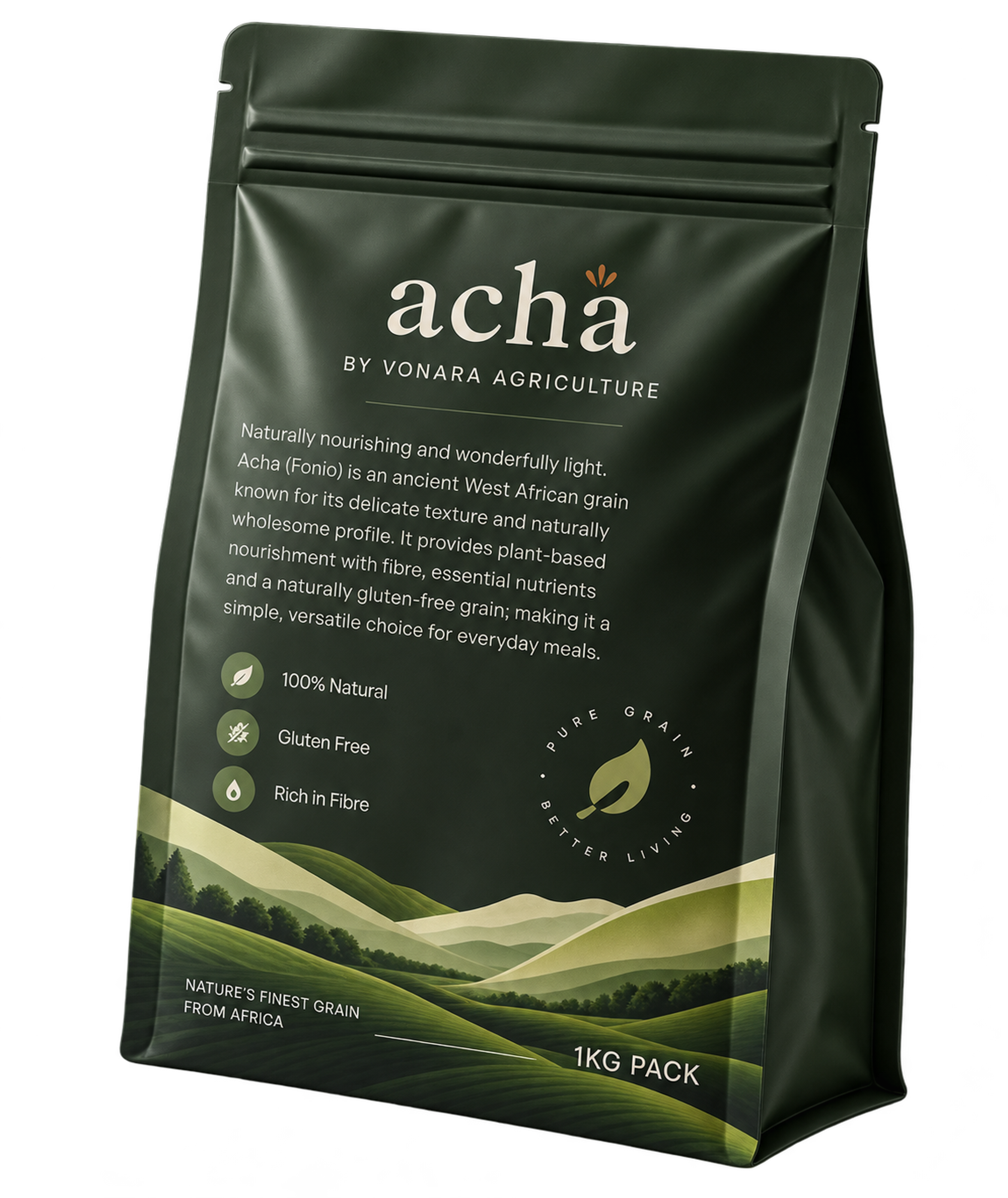 Dark green Acha fonio pouch by Vonara Agriculture
